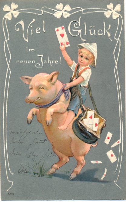 Neujahr, Schwein, Kind, Prägekarte, 1905