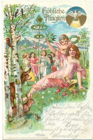 Pfingsten, Mädchen, Reh, Hase, Farb-Litho, 1902