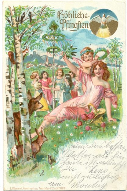 Pfingsten, Mädchen, Reh, Hase, Farb-Litho, 1902