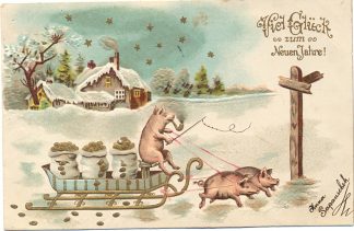 Neujahr, Schweine mit Schlitten, Prägekarte, um 1900/05