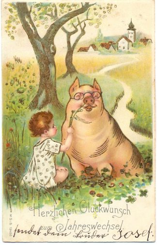 Neujahr, Mädchen mit Schwein, Prägekarte, 1904