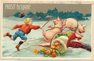 Neujahr, Junge spielt mit Schweinen, Prägekarte, um 1910