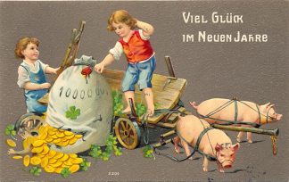 Neujahr, Kinder, Geldsack, Schweine, Prägekarte, 1909