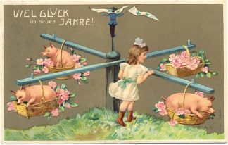 Neujahr, Mädchen, Schweine, Prägekarte, 1909
