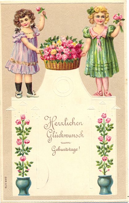 Geburtstag, Mädchen, Blumen, Prägekarte, 1912