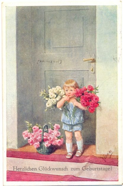 Geburtstag, Kind mit Blumen, sign. Feiertag, 1922