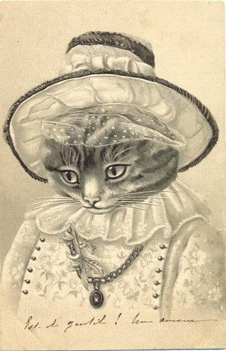 Katze mit Hut, Prägekarte, 1902