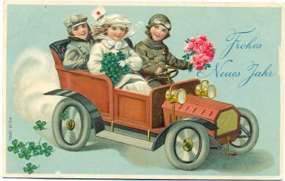 Neujahr, Kinder im Automobil, Prägekarte, 1907