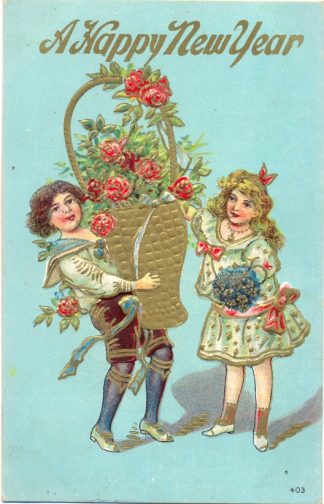 Neujahr, Kinder, Blumenkorb, Rosen, Prägekarte, 1908
