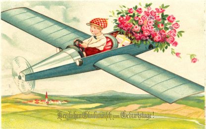 Geburtstag, Kind im Flugzeug, Rosen, ca. 20er Jahre