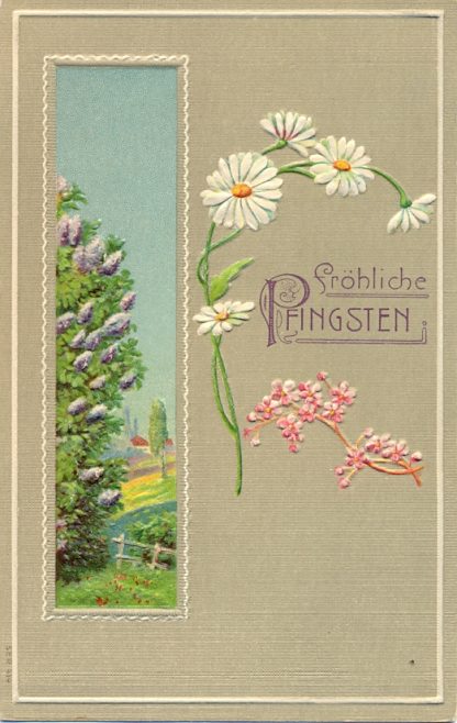 Pfingsten, Blumen, Landschaft, Prägekarte, um 1910