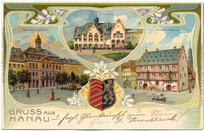 Hanau, Jugendstil AK mit Wappen und Prägung, 1905