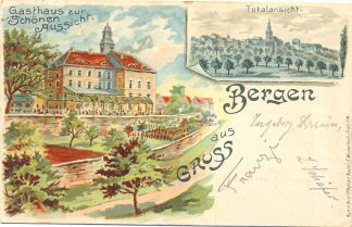 Bergen b. Hanau, Farb-Litho mit Gasthaus, 1906