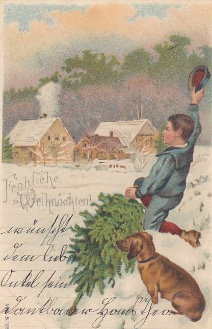 Weihnachten, Junge mit Dackel, 1902