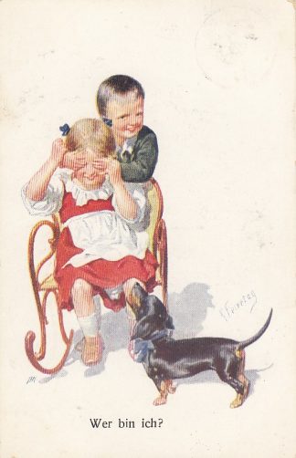 Spielende Kinder mit Dackel, sign. Feiertag, 1913