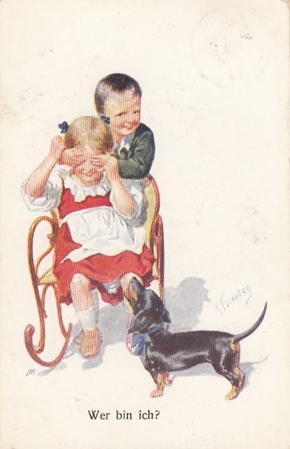 Spielende Kinder mit Dackel, sign. Feiertag, 1913