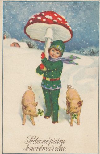 Neujahr, Kind mit Fliegenpilz, Schweine, 1927