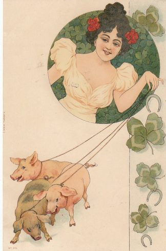 Neujahr, Dame, Schweine, Jugendstil AK, 1901