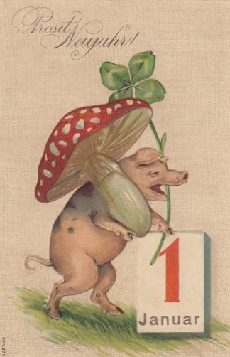 Neujahr, Schwein mit Fliegenpilz, Prägekarte, um 1910