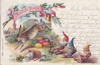 Ostern, Farb-Litho mit Hasen und Zwergen, 1903