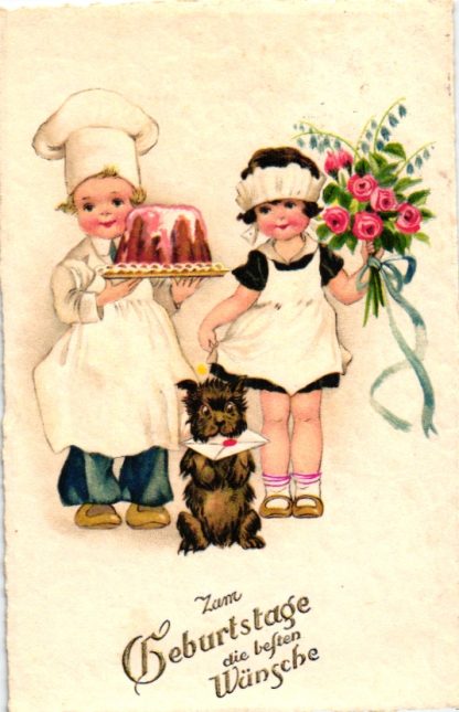 Geburtstag, Kinder mit Kuchen und Hund, 1931