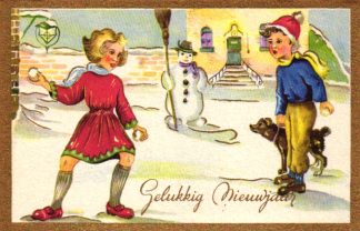 Neujahr, Kinder mit Schneemann und Hund