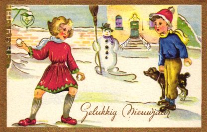 Neujahr, Kinder mit Schneemann und Hund