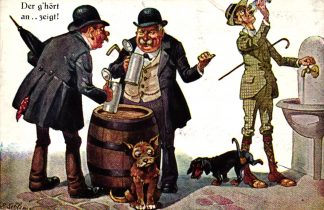 Männer mit Bierkrügen, Dackel, um 1910