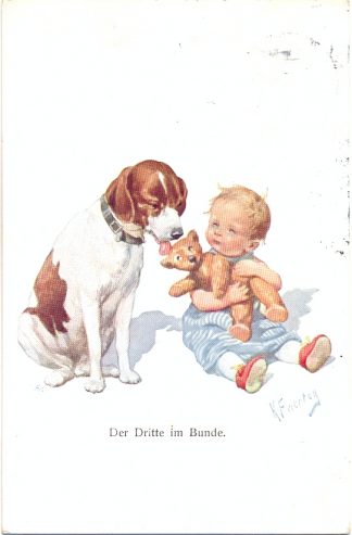 Kind mit Hund und Teddybär, sign. Feiertag, 1912