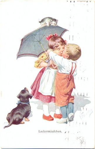 Kinder mit Dackel u. Katze, sign. Feiertag, 1912