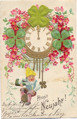 Neujahr, Zwerg mit Sektflasche, Prägekarte, um 1900/05