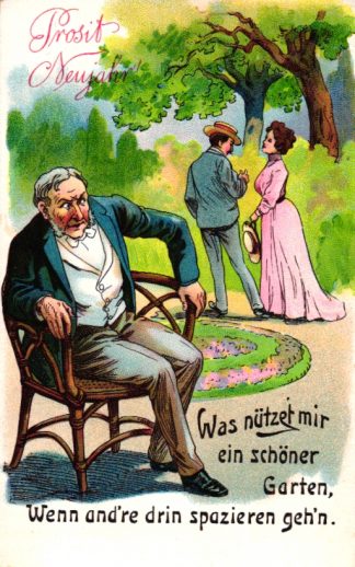 Neujahr, Mann und Frau, neidischer Beobachter, Scherz-AK, um 1910