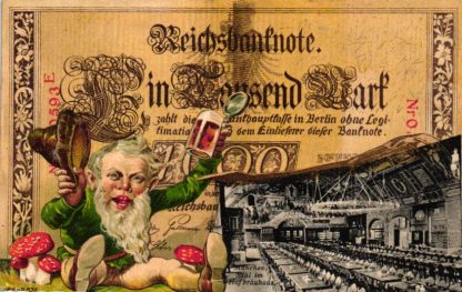 München, Saal im Hofbräuhaus, Geldschein-AK mit Zwerg und Fliegenpilzen, um 1910