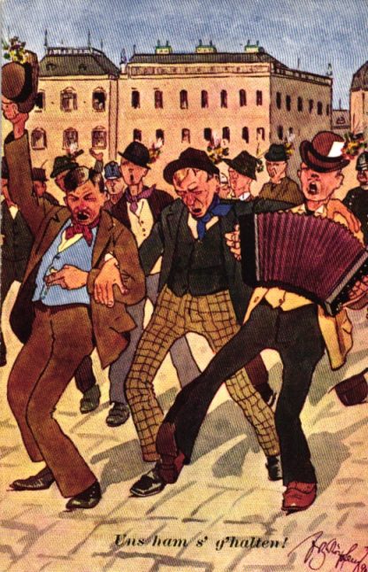Feiernde Männer, singend und musizierend, sign. Schönpflug, um 1910/15