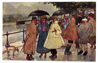 Spaziergänger, Hund, Regen, sign. Schönpflug, um 1910/15