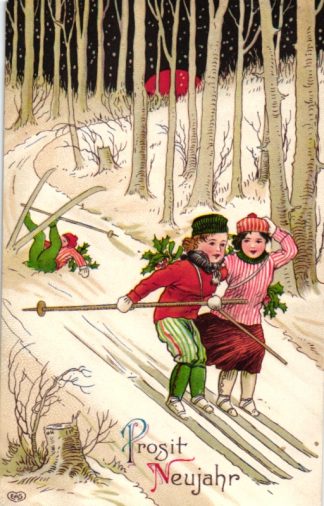 Neujahr, Kinder mit Ski, Farb-Litho, 1913
