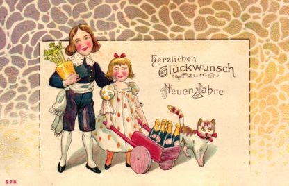 Neujahr, Kinder mit Katze, Prägekarte, 1907