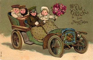 Neujahr, Kinder im Automobil, Prägekarte, 1907