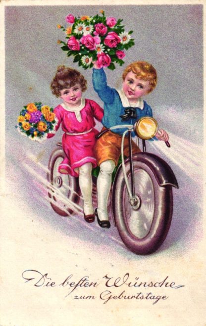 Geburtstag, Kinder mit Motorrad und Blumen, 1937