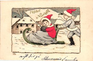 Neujahr, Kinder mit Schlitten, Prägekarte, um 1905