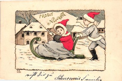Neujahr, Kinder mit Schlitten, Prägekarte, um 1905