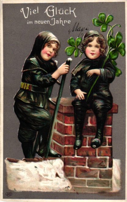 Neujahr, Kinder als Schornsteinfeger, Prägekarte, um 1910
