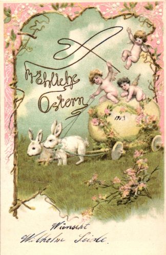 Ostern, Engel, großes Ei, Hasen, Prägekarte, 1903