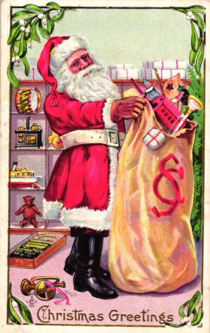 Weihnachten, Weihnachtsmann mit Spielzeug, Prägekarte, um 1910