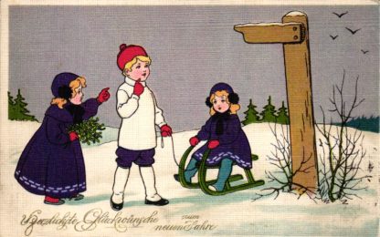 Neujahr, Kinder mit Schlitten, um 1910