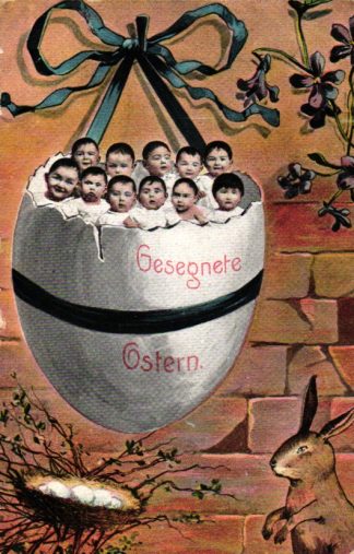 Ostern, Kinder im großen Ei, Hase, um 1910