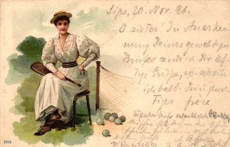 Tennis, Frau mit Tennisschläger, Farb-Litho, 1896