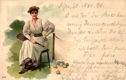 Tennis, Frau mit Tennisschläger, Farb-Litho, 1896