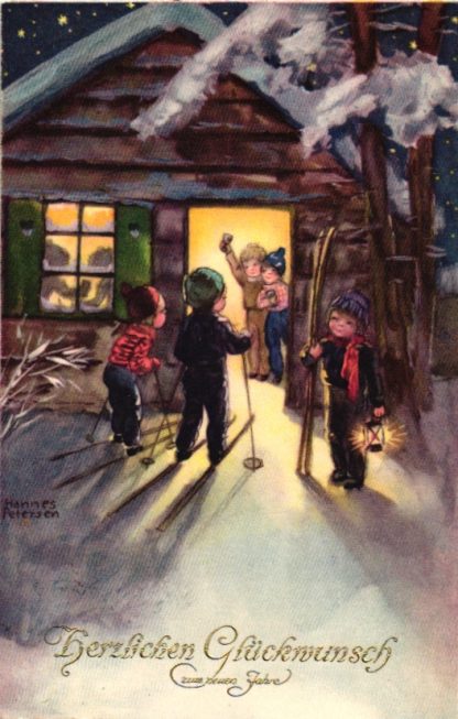 Neujahr, Kinder mit Ski, sign. Hannes Petersen, 1935