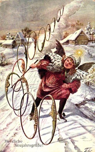 Neujahr, Engel spielt "Reifen schlagen", sign. Tito, um 1910,